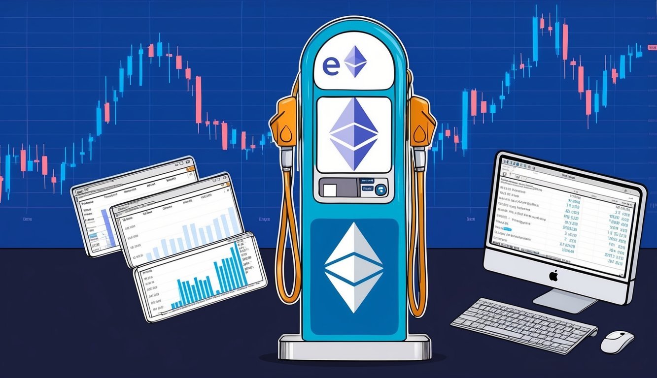 A gas pump with Ethereum logo, surrounded by fluctuating price chart and computer screen showing transaction fees