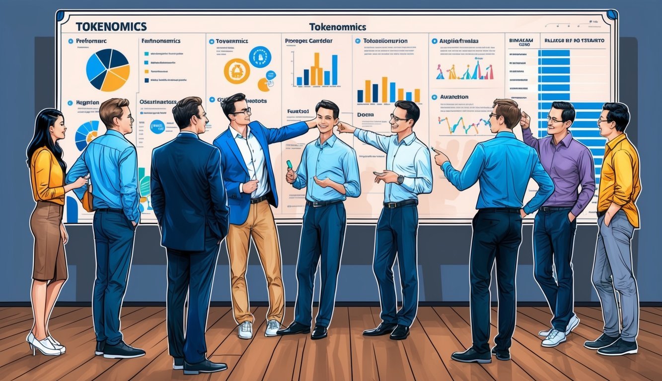 A group of people gathered around a large chart, pointing and discussing various aspects of tokenomics