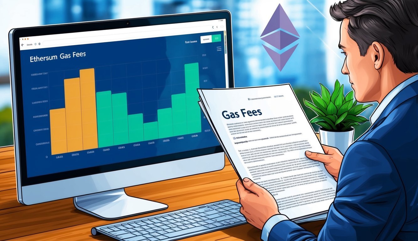 A computer screen displaying a chart of gas fees fluctuating, with a person reading a document on Ethereum gas fees in the background