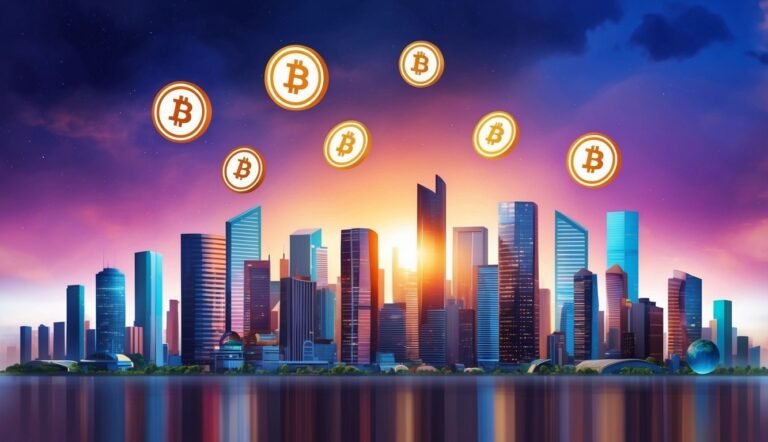 Bitcoin coins floating above a cityscape at sunset, reflecting in water
