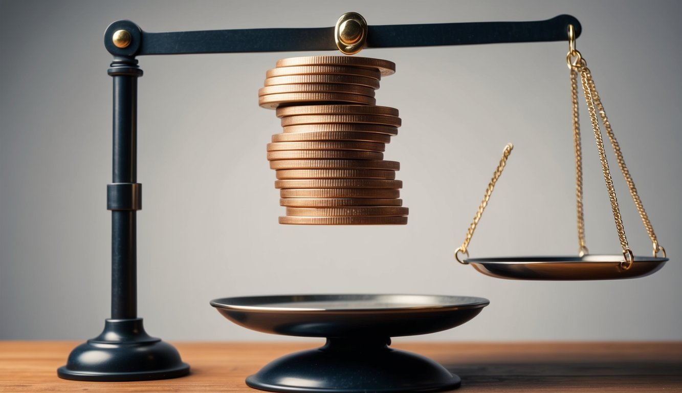 A stack of coins hovering above a scale, with a stable, balanced position