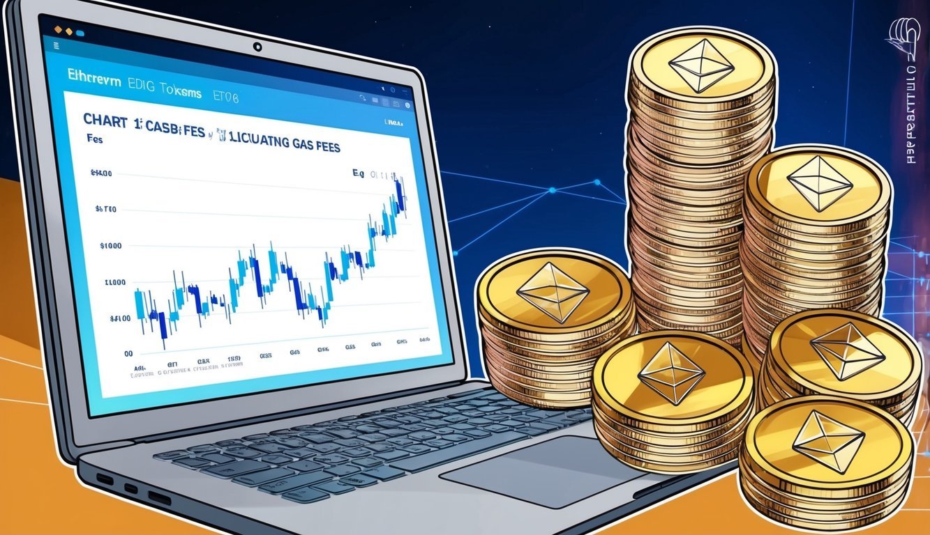 A computer screen displaying a chart of fluctuating gas fees, with a stack of Ethereum tokens in the background