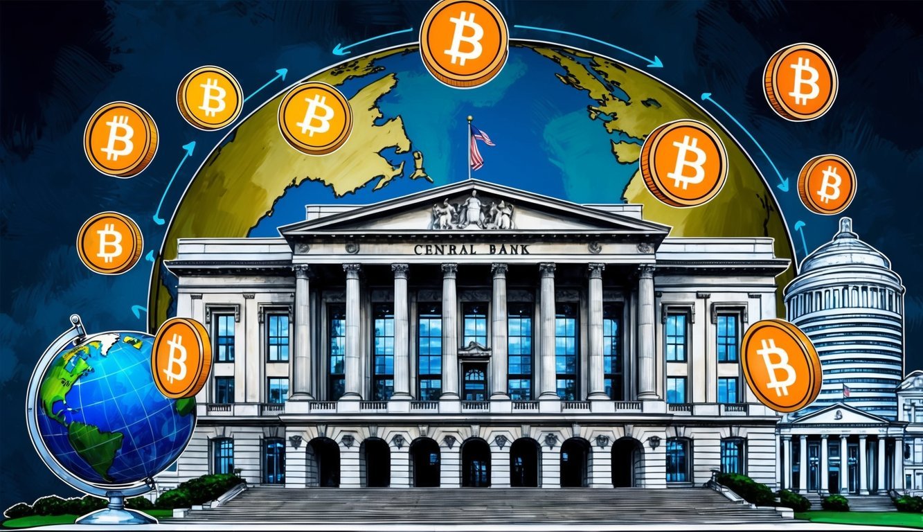 A central bank building with digital currency symbols floating above, surrounded by a globe and various financial institutions