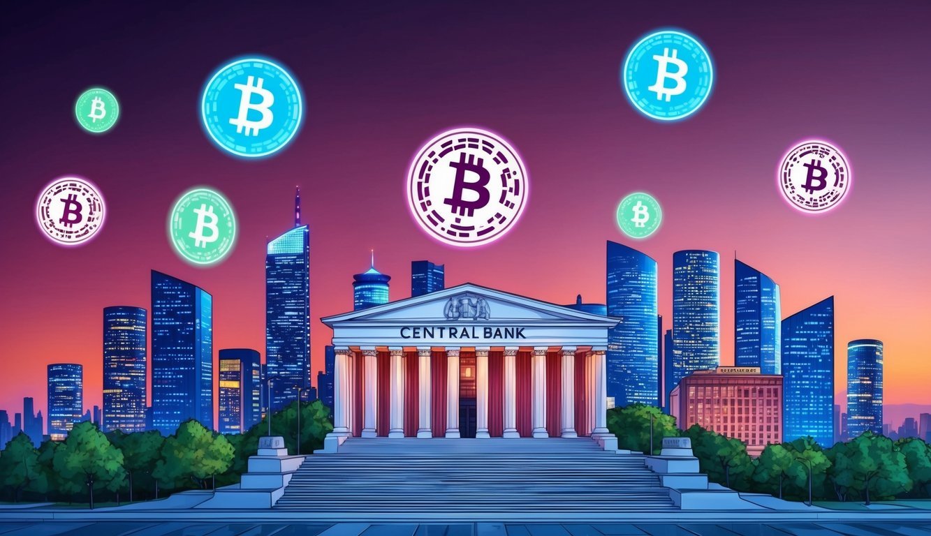 A futuristic city skyline with digital currency symbols floating above a central bank building