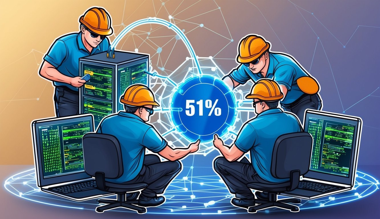 A group of miners overpowering a blockchain network, gaining control of over 51% of the network's computing power