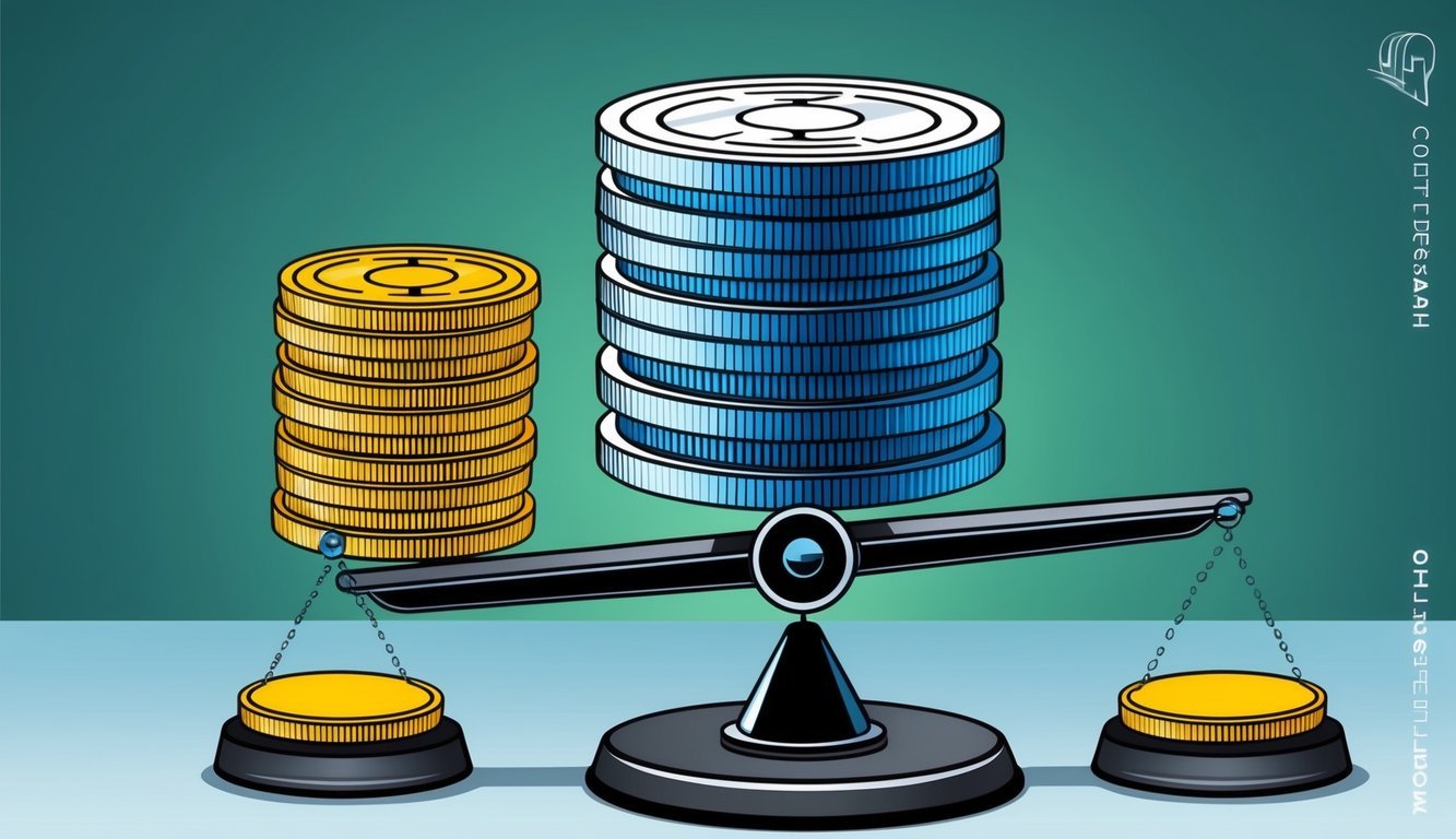 A group of digital tokens stacked on a scale, with a larger stack outweighing a smaller one, symbolizing the concept of Proof of Stake