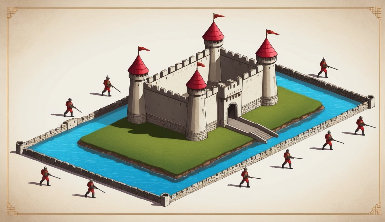 A fortress surrounded by a moat with guards patrolling the perimeter, protecting against potential intruders