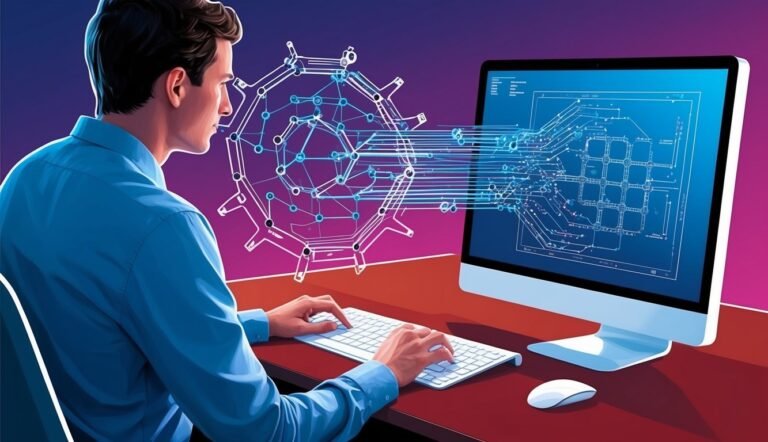 Man working on computer with circuit board design and data streams