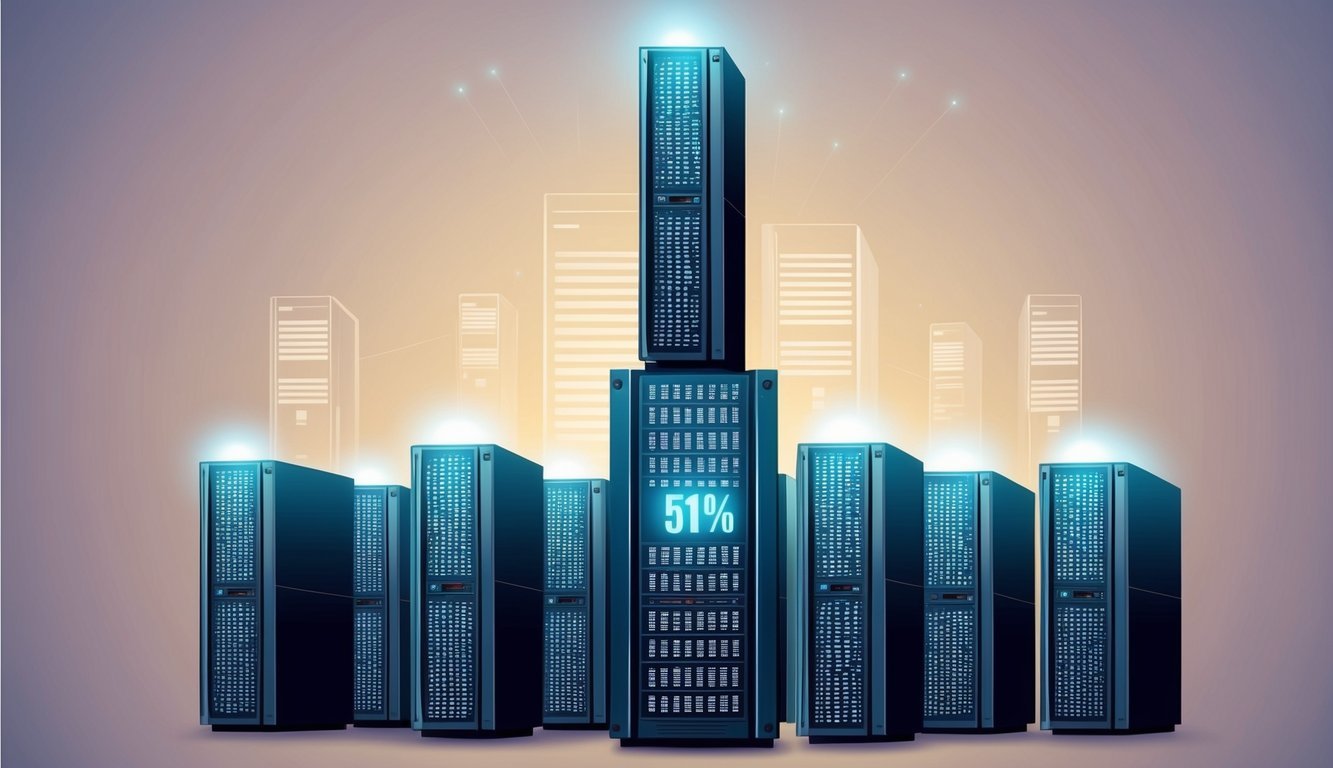 A group of computer servers, one towering over the rest, symbolizing a 51% attack on a digital network