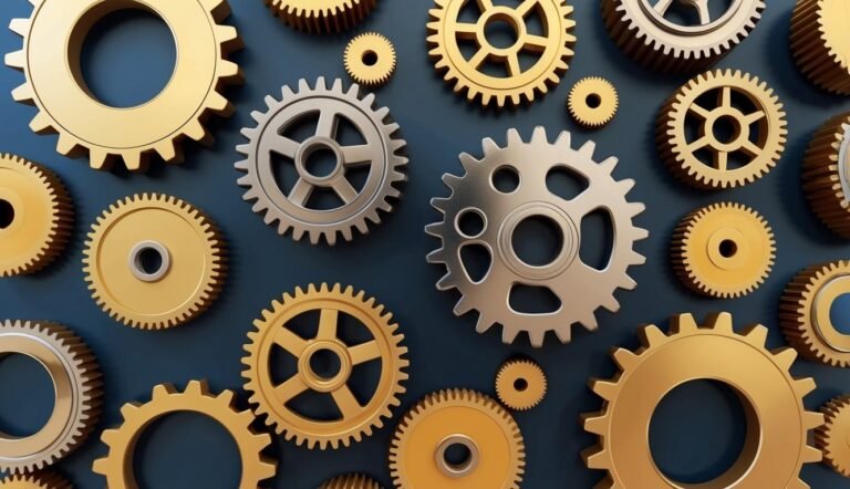Gold and silver gears of various sizes on a dark blue background