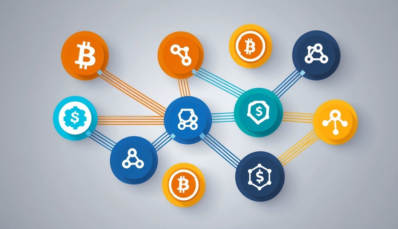 Multiple blockchain icons connecting in a network, each with distinct design and color, illustrating interoperability