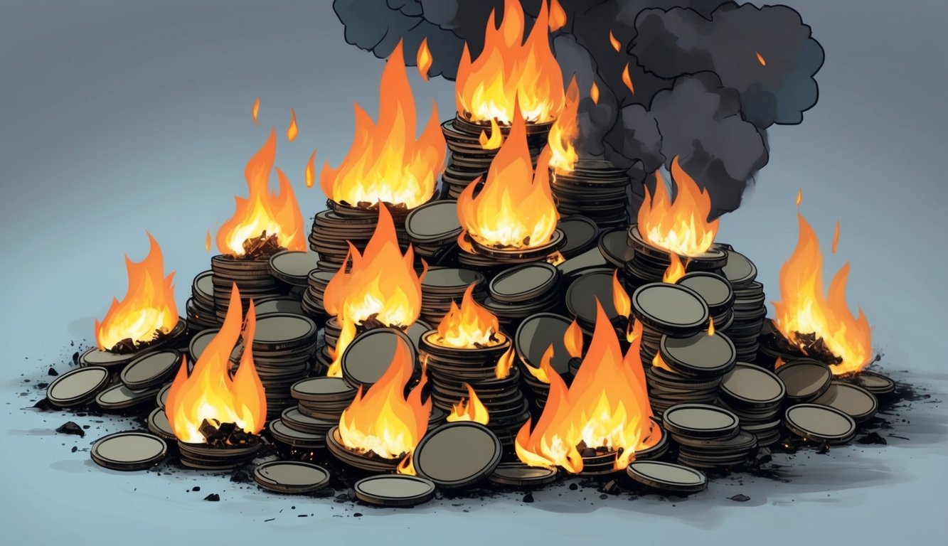 A pile of tokens engulfed in flames, emitting smoke and ash, with a sense of destruction and diminishing supply