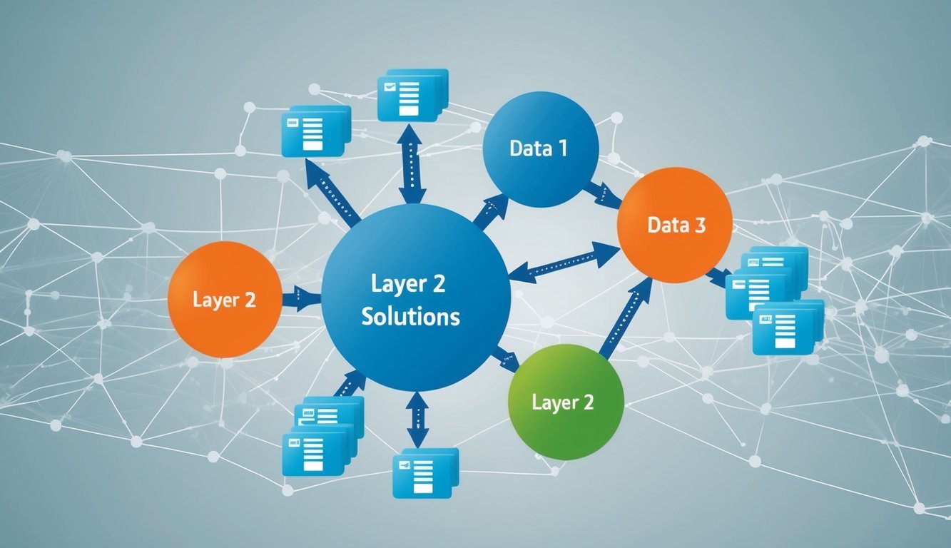 A network of interconnected nodes with data packets flowing between them, representing the concept of Layer 2 solutions in a digital environment