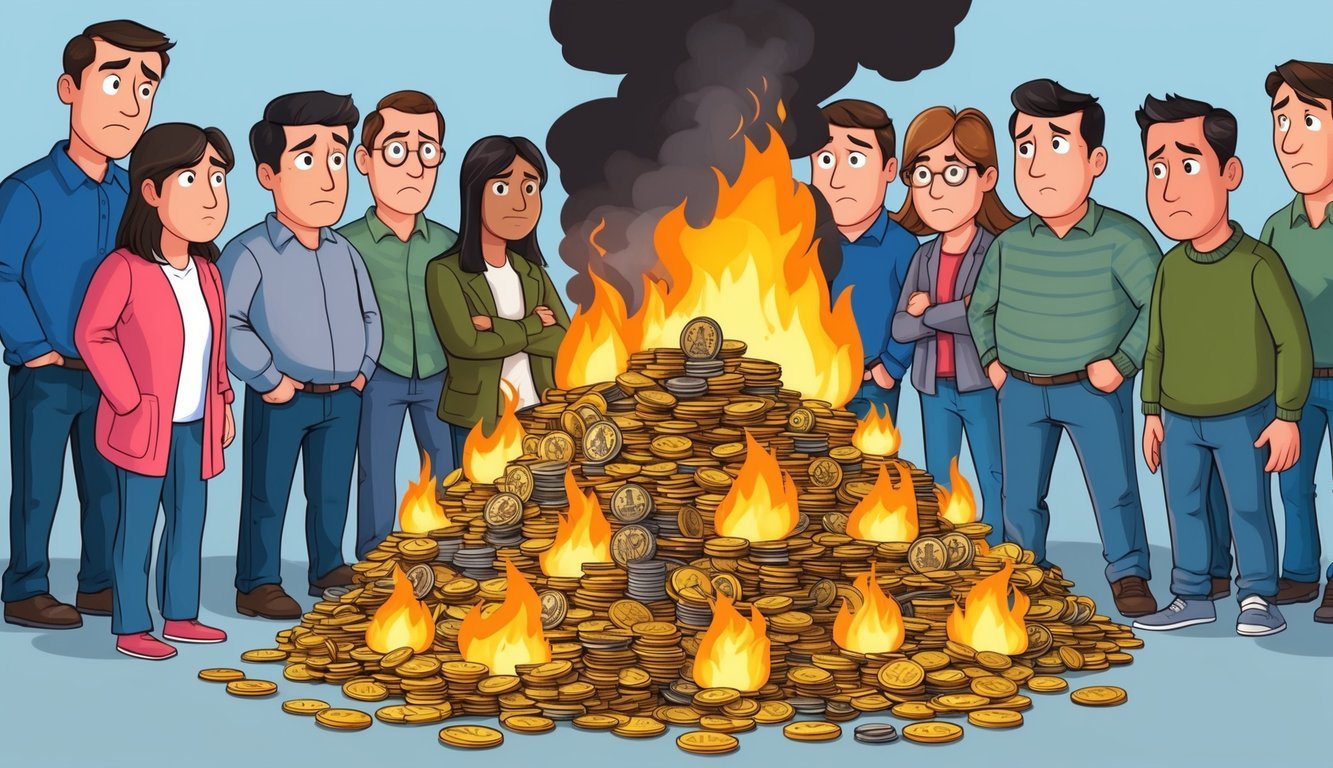 A pile of tokens engulfed in flames, emitting smoke and heat, surrounded by a group of onlookers with concerned expressions