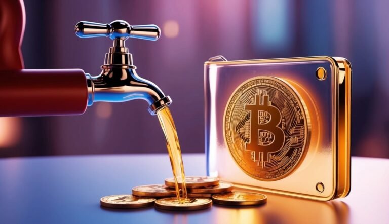 Bitcoin faucet pouring coins, with a Bitcoin symbol in the background