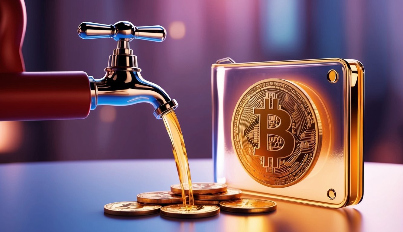 A faucet pouring out digital currency into a glowing, transparent wallet