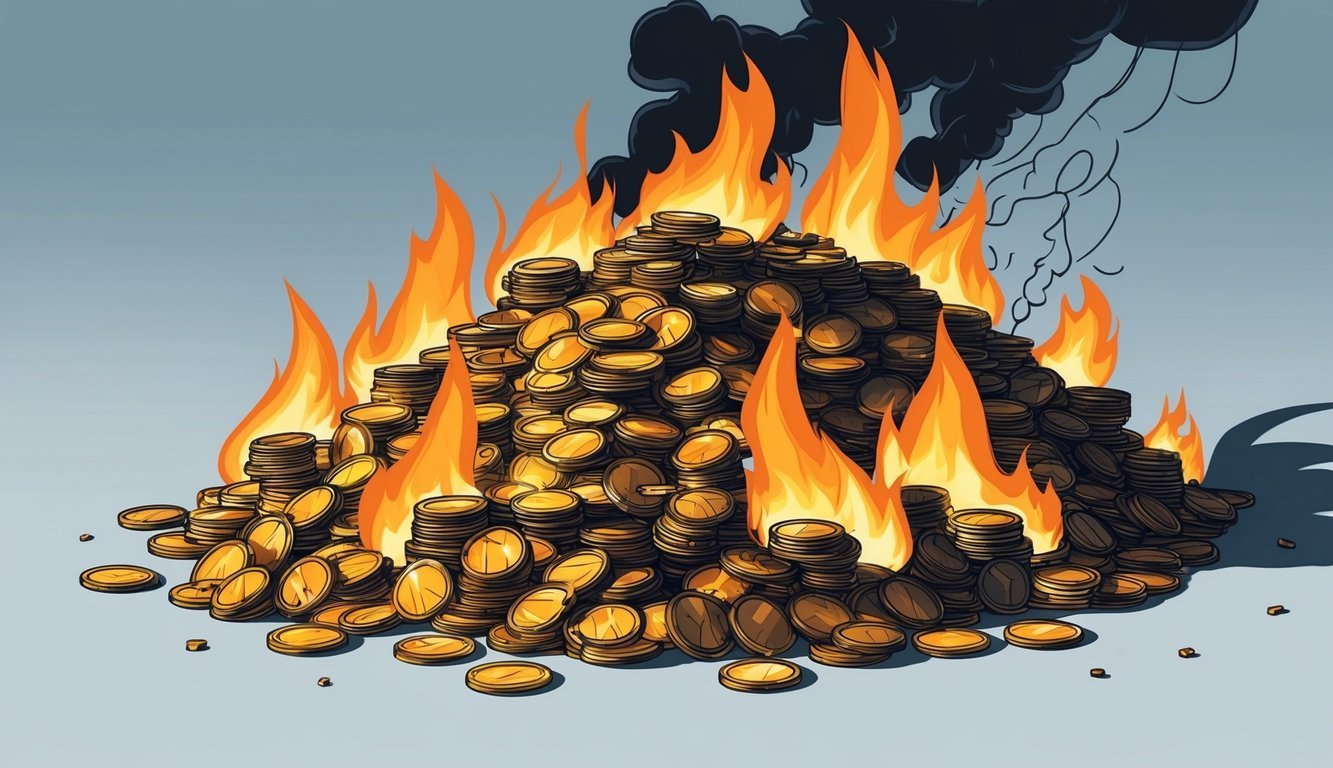 A pile of tokens engulfed in flames, emitting smoke and heat, with a sense of destruction and elimination