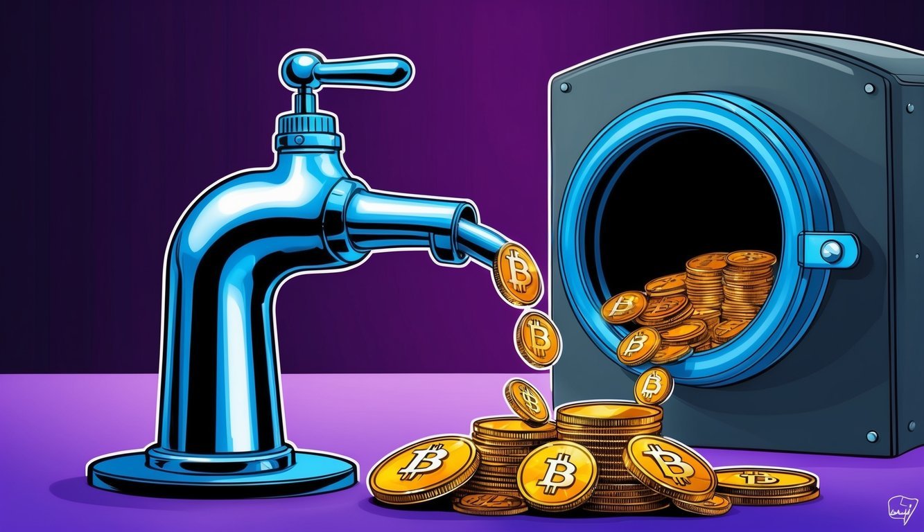 A digital faucet pouring out cryptocurrency coins into a secure vault