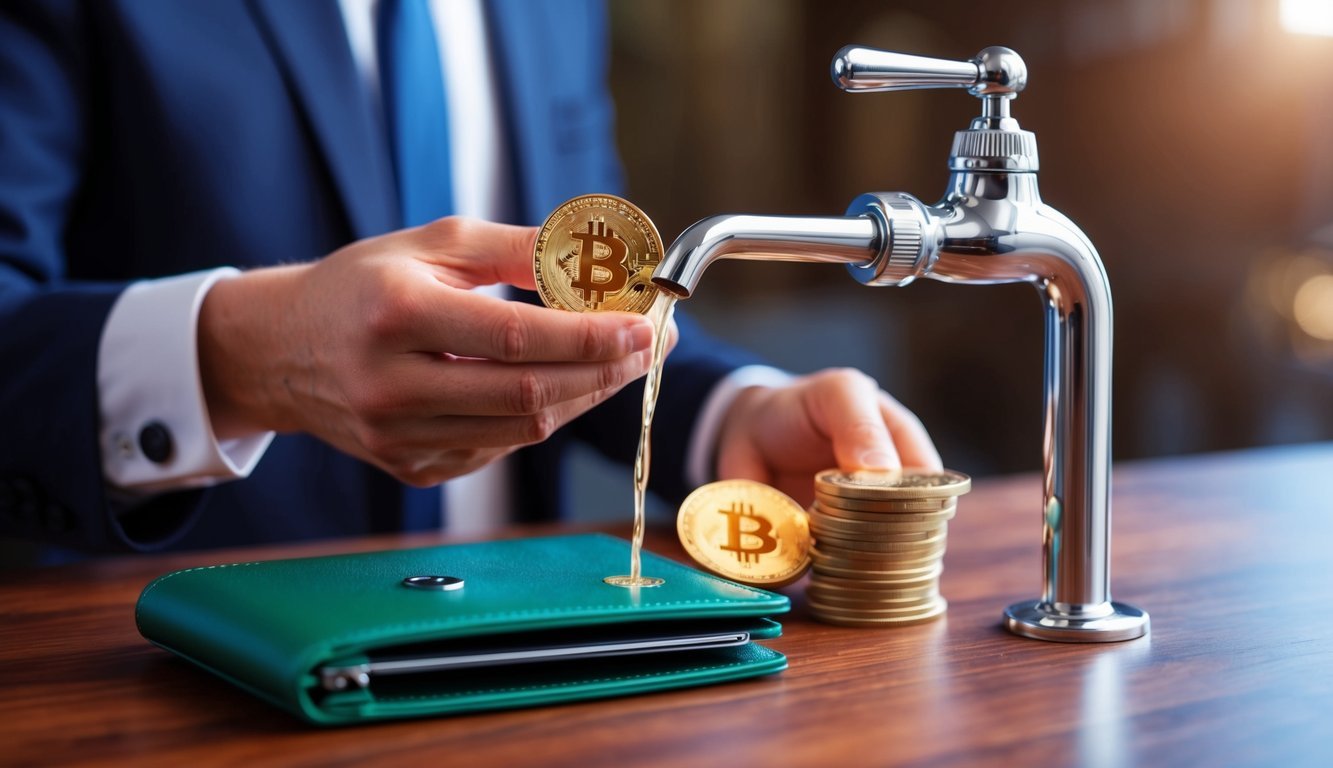 A faucet pouring out digital currency into a digital wallet