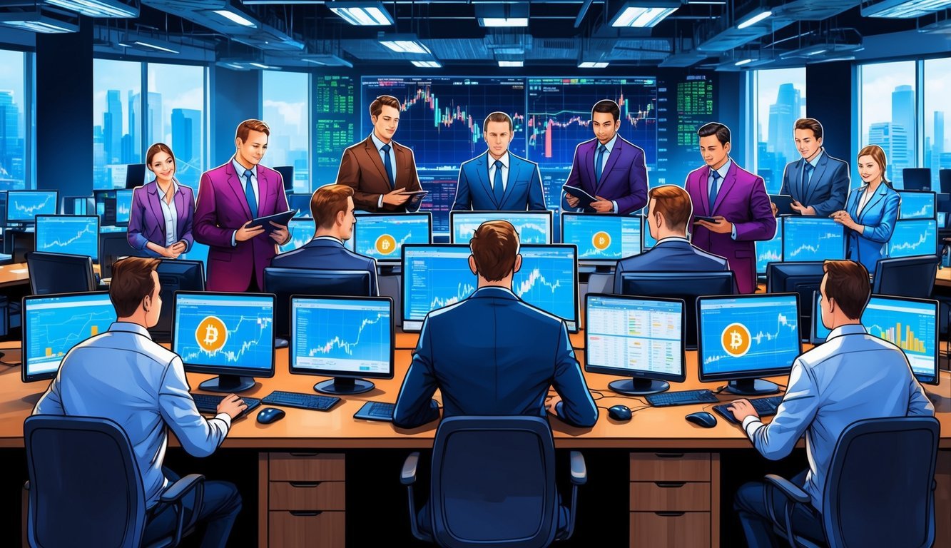 A group of market makers surrounded by digital currency charts, computers, and trading terminals in a bustling crypto exchange office