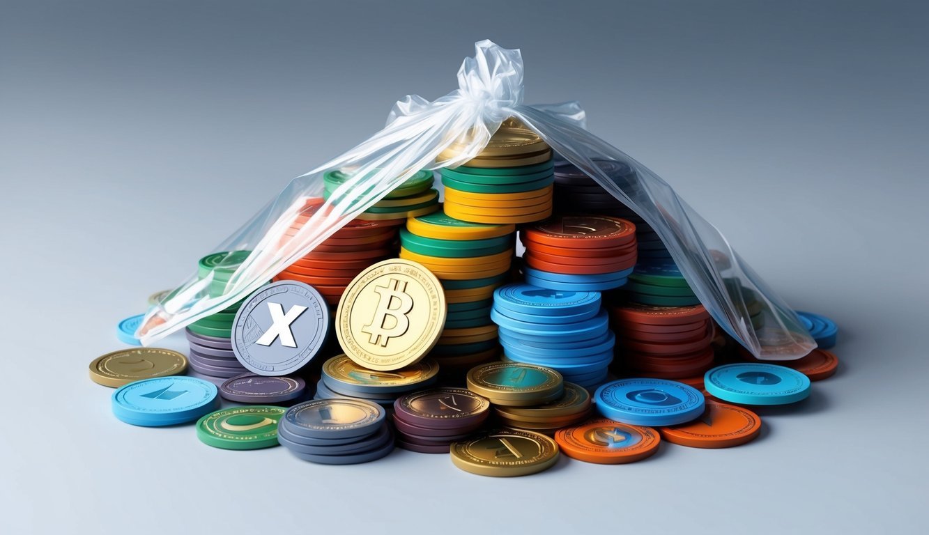 A pile of various tokens, each representing a different asset, wrapped in a transparent layer, symbolizing the concept of wrapped tokens