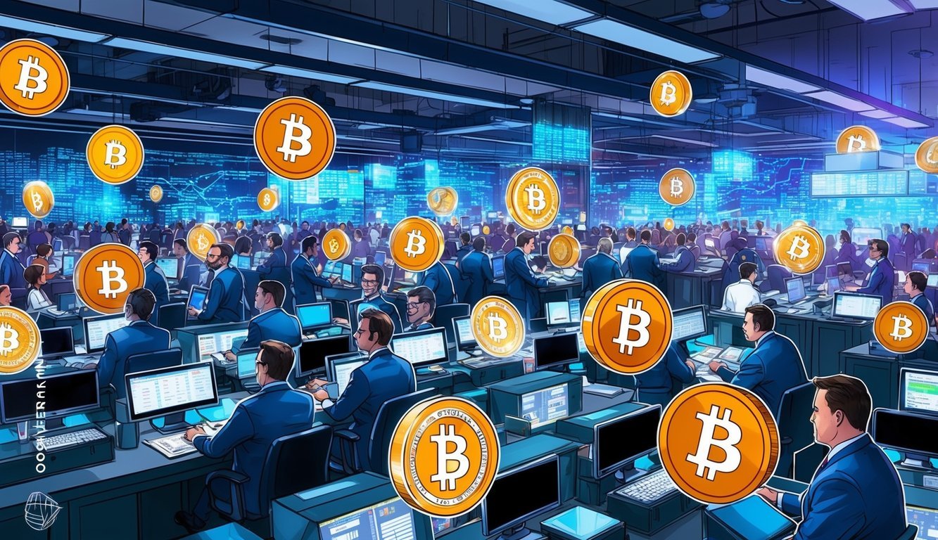 A bustling crypto exchange floor with market makers at work, setting prices and facilitating trades amidst a flurry of digital currency transactions