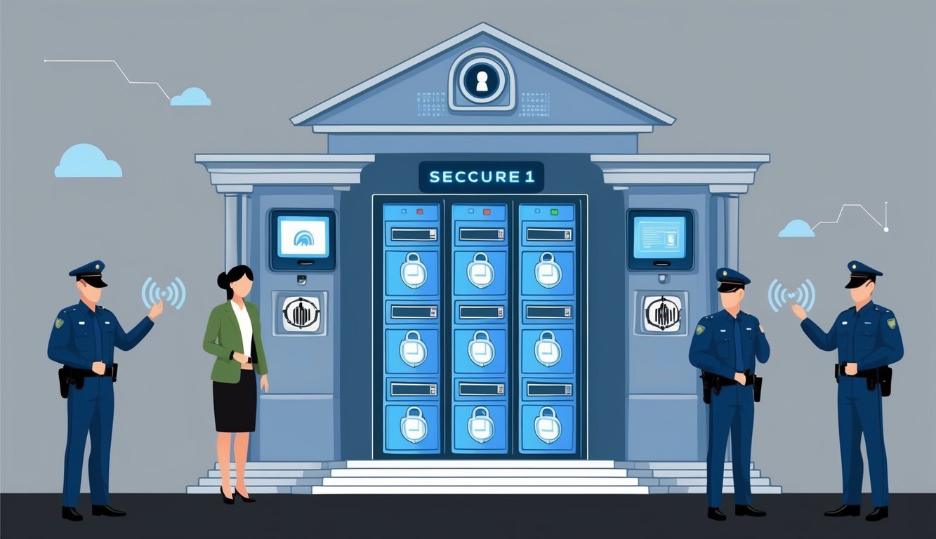 A secure vault with multiple layers of protection, including biometric scanners, keycard access, and armed guards.</p><p>Digital assets are stored in individual encrypted compartments