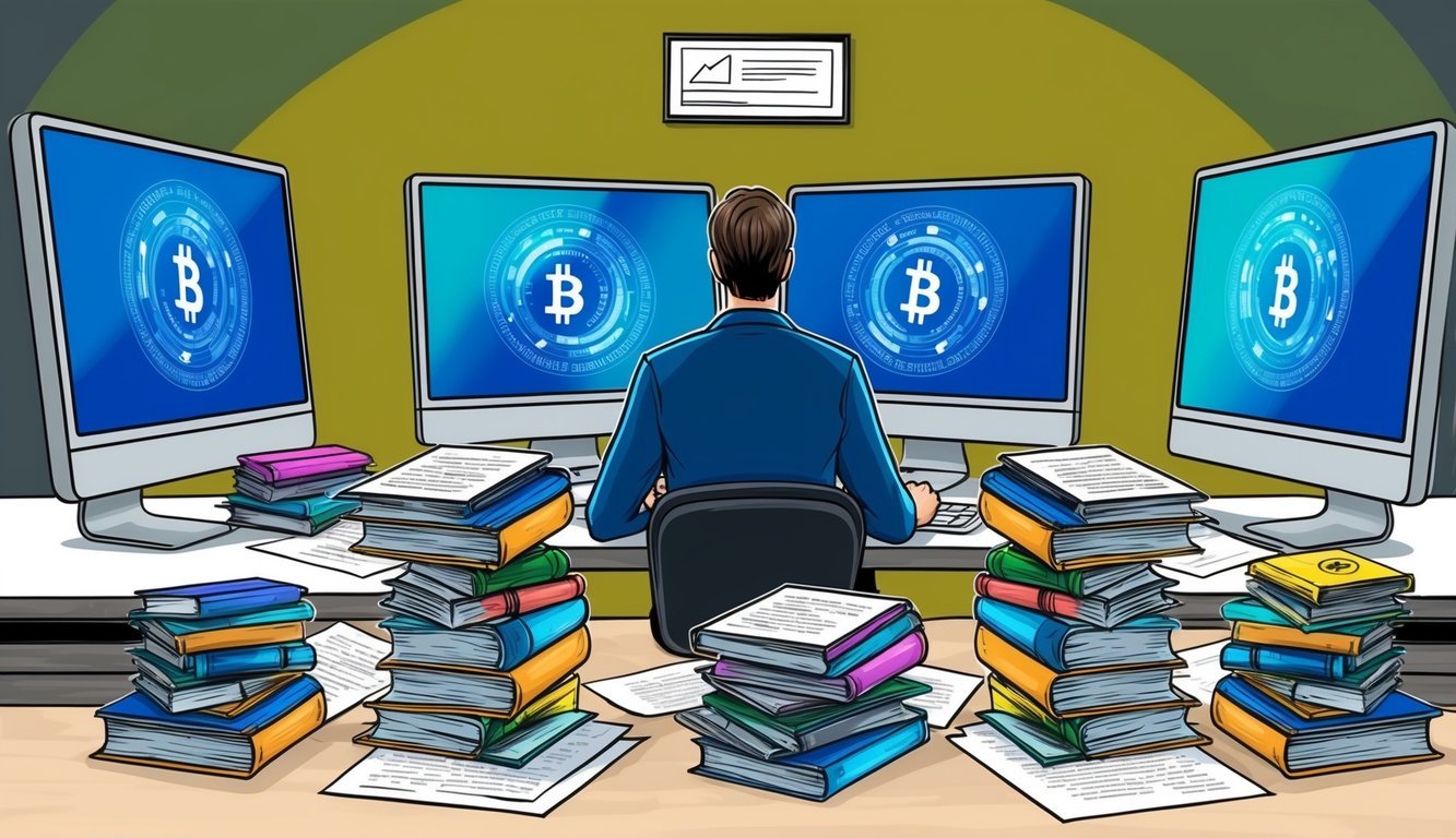 A person sitting at a desk surrounded by computer screens, reading and researching about crypto derivatives.</p><p>A stack of books and papers is scattered around the workspace