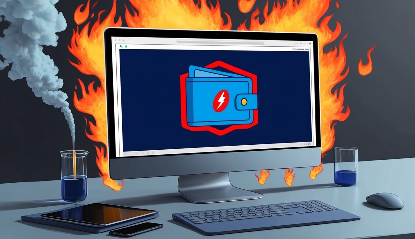 A computer screen displaying a digital wallet with a red warning symbol, surrounded by flames and smoke