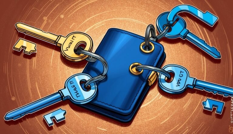 Blue wallet with keys, some broken, on a brown background