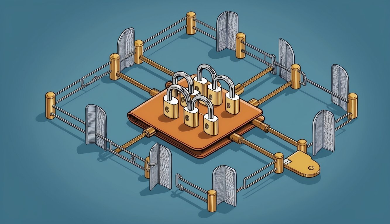 A group of interconnected locks forming a multi-signature wallet, surrounded by shields and barriers, symbolizing protection and understanding of limitations