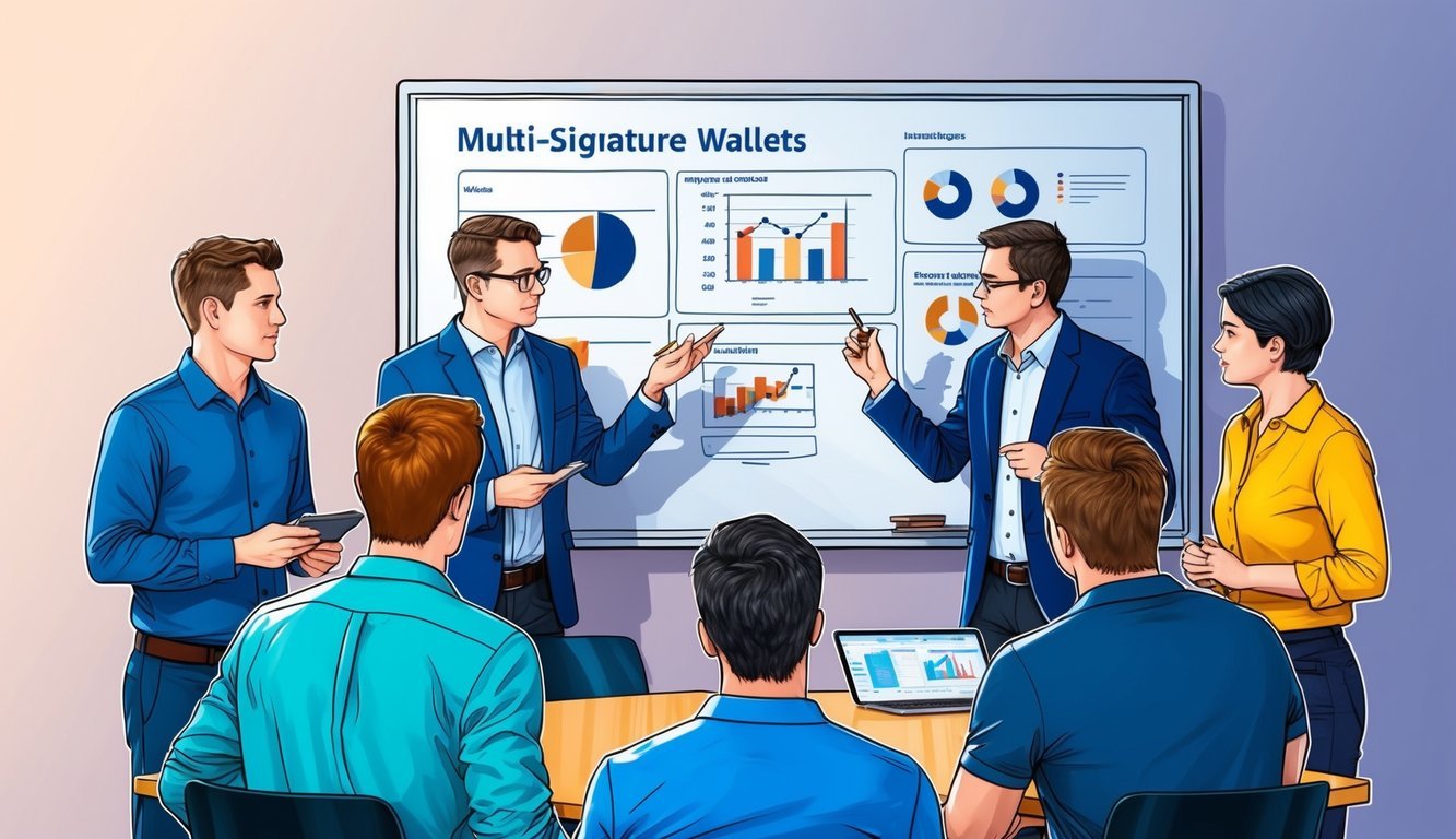 A group of people discussing multi-signature wallets, with diagrams and charts on a whiteboard