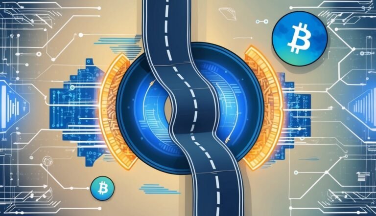 Bitcoin symbol with road through a digital circuit board design