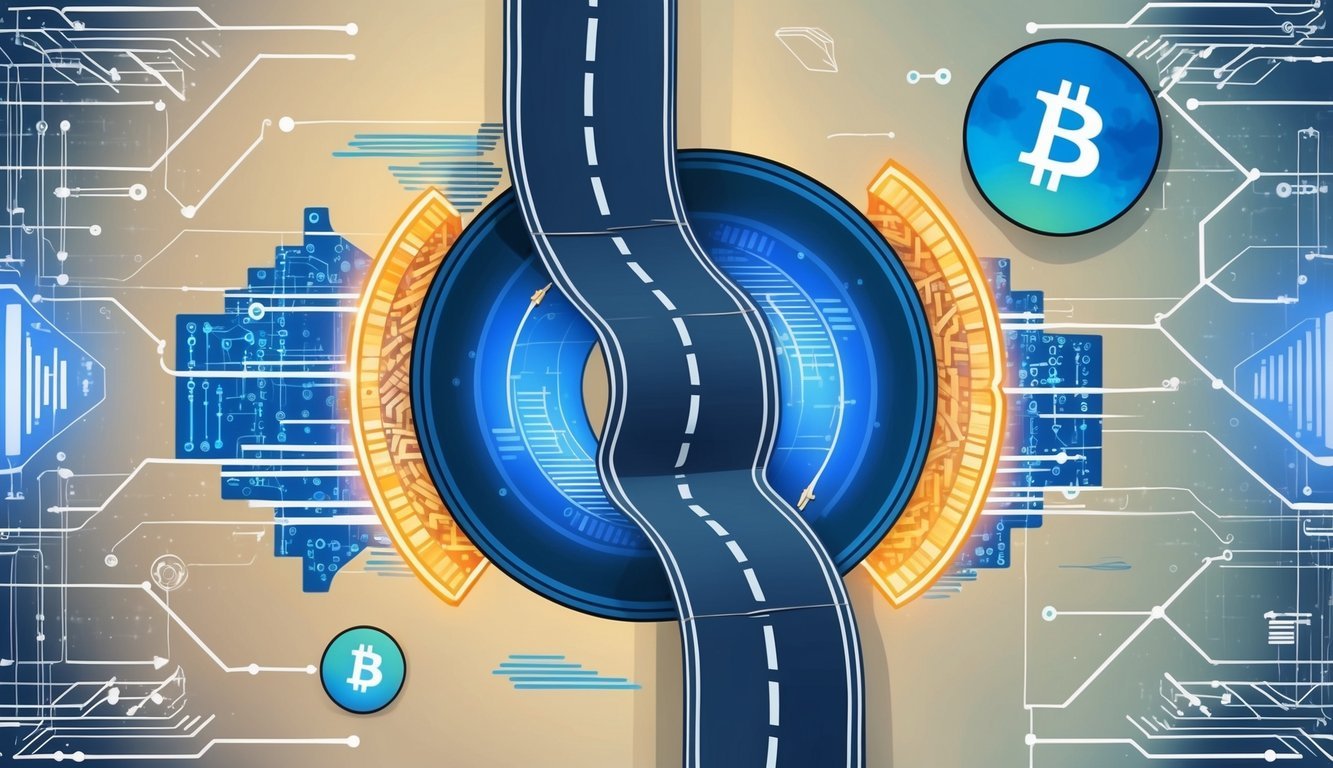 A fork in the blockchain, with two diverging paths symbolized by a split road, surrounded by digital elements and coding symbols