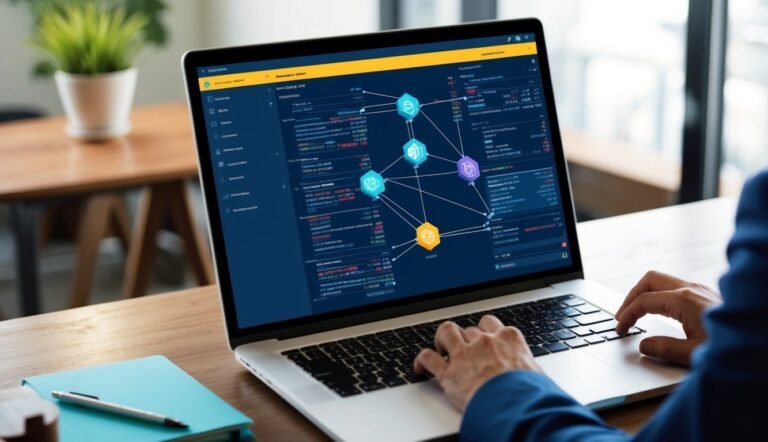Person using laptop with a network diagram on the screen