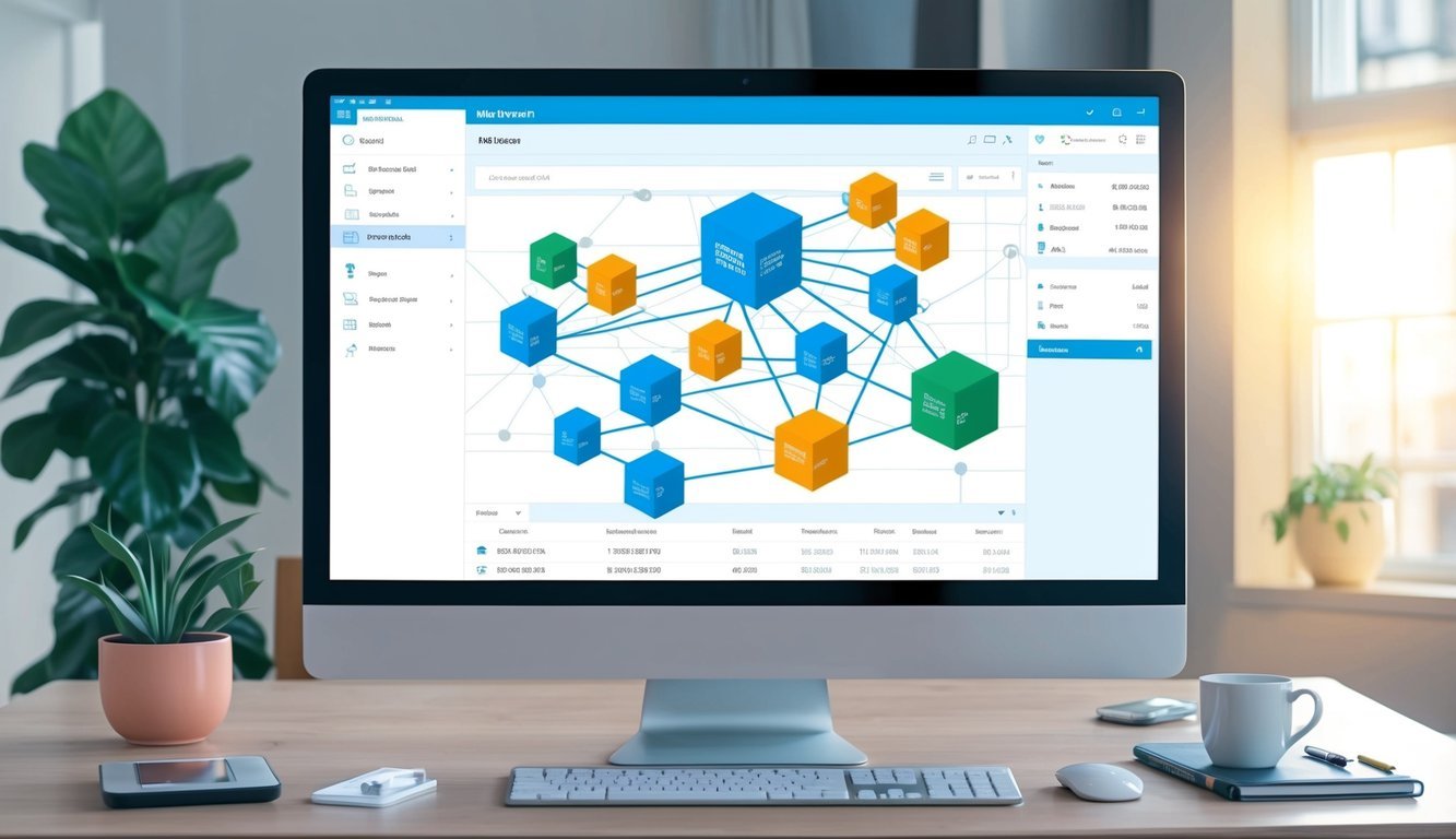 A computer screen displaying a blockchain explorer with a network of interconnected blocks and transaction details