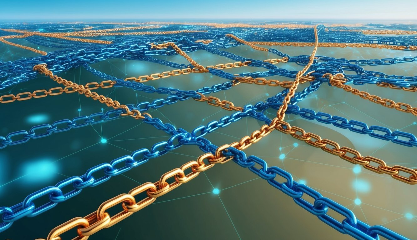 A network of interconnected chains stretching across a digital landscape, symbolizing the concept of cross-chain bridges