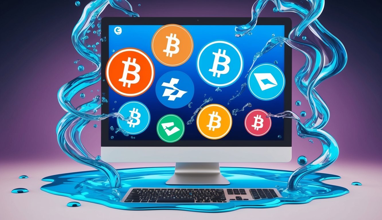 A computer screen displaying various cryptocurrency symbols surrounded by flowing liquid, symbolizing the concept of liquidity mining