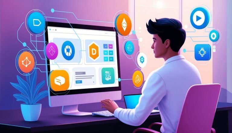 Man working on computer with digital icons and cryptocurrency symbols