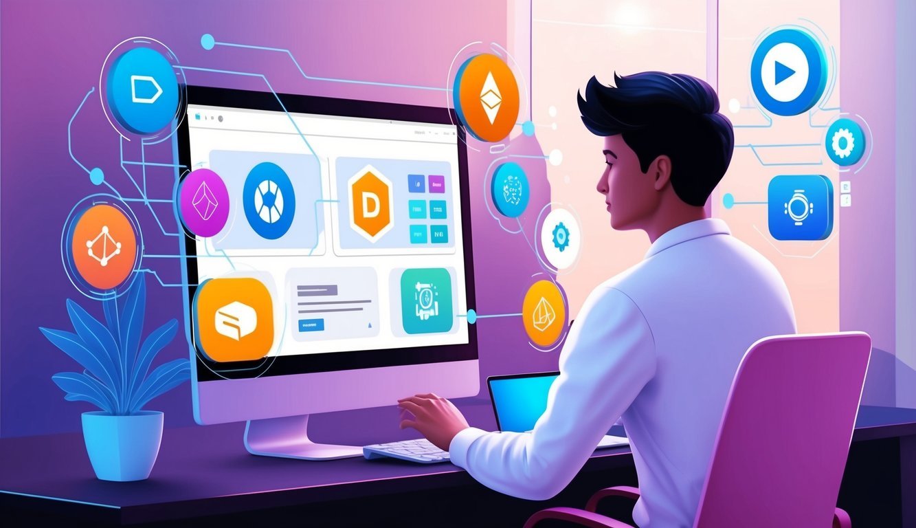A person interacting with various decentralized applications on a computer screen, with icons representing different dApps and a seamless user experience