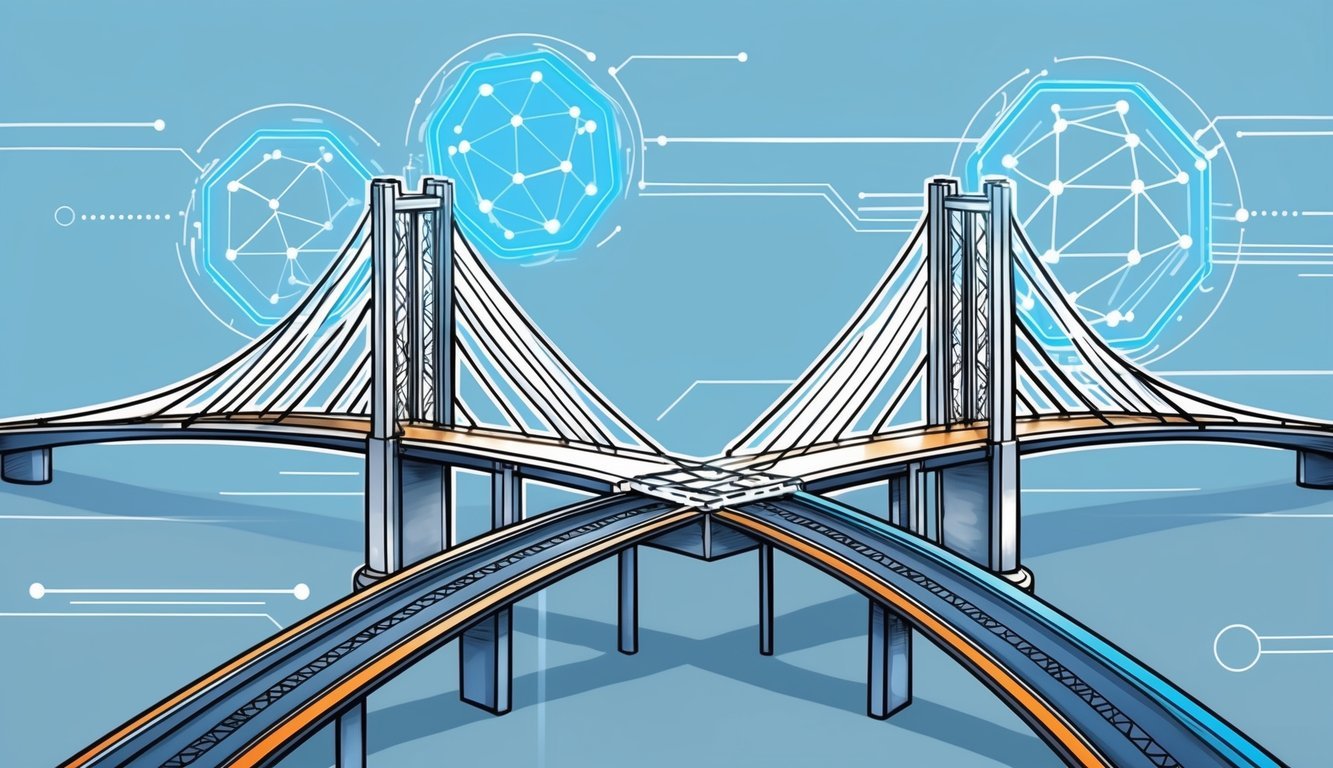 A bridge connecting two distinct blockchain networks, with data flowing seamlessly between them, symbolizing the concept of cross-chain interoperability