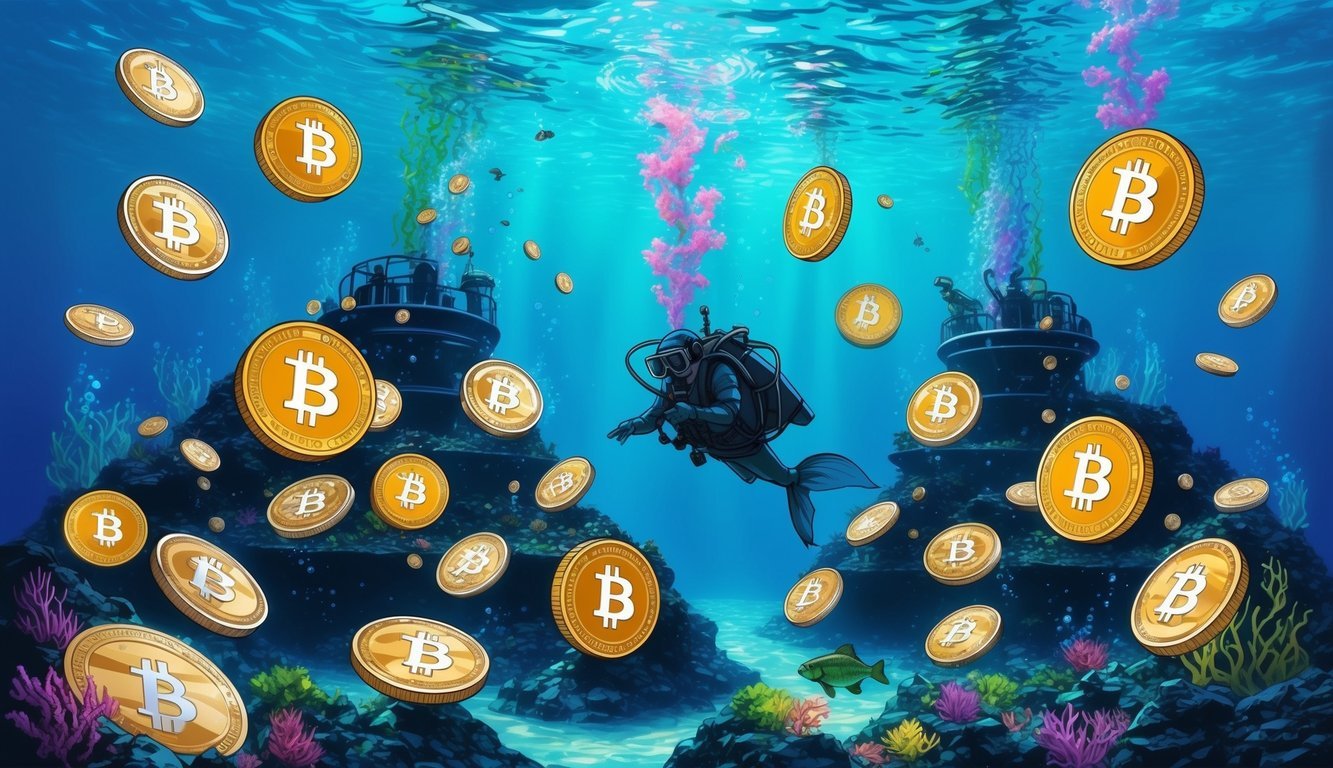 A vibrant underwater ecosystem with various forms of cryptocurrency floating and interacting in a dynamic liquidity mining process