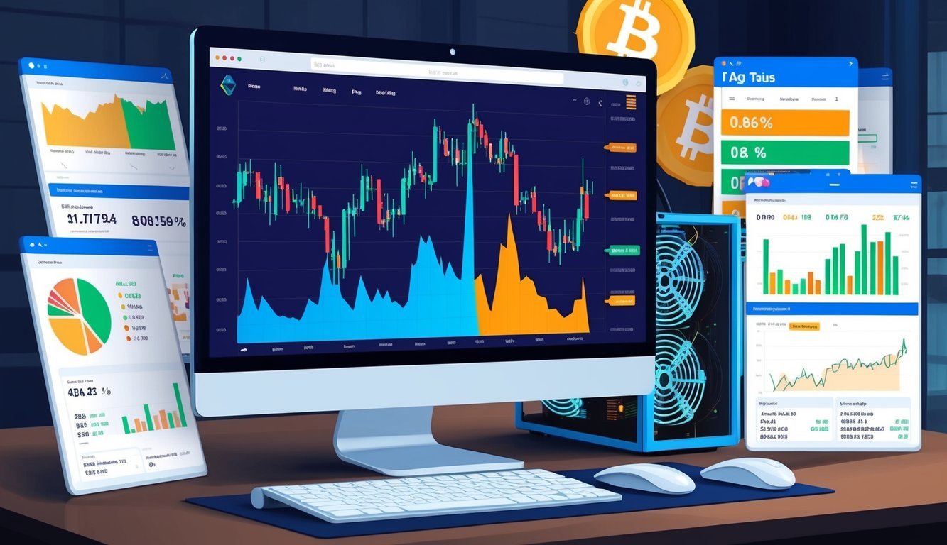 A computer screen displays a graph of cryptocurrency prices with a mining rig in the background.</p><p>Multiple data charts and FAQ tabs are open on the screen