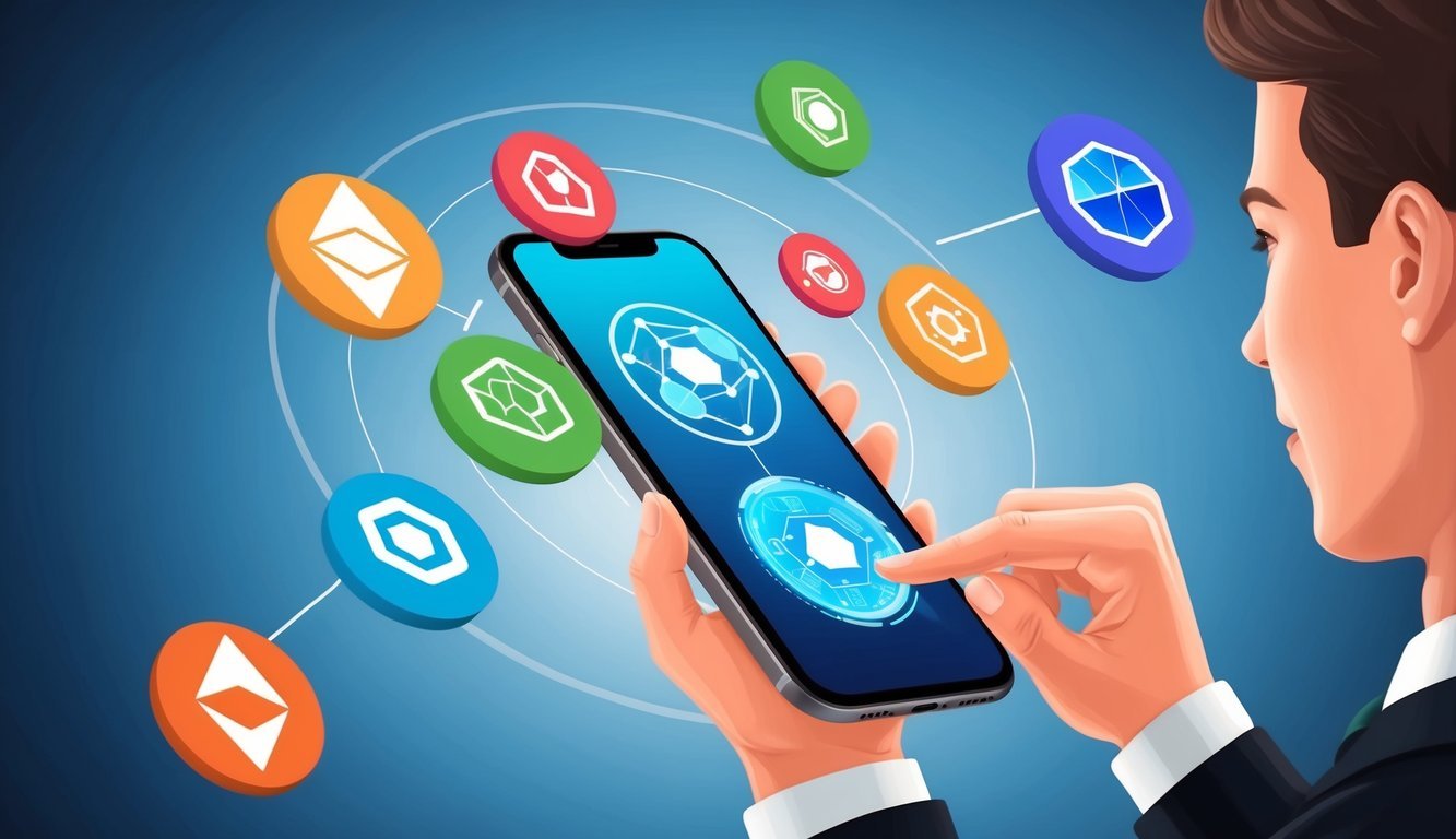 A person using a smartphone to interact with various decentralized applications, with icons and symbols representing different dApps floating around the device