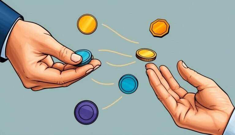 Hands exchanging coins of various colors, representing a transaction