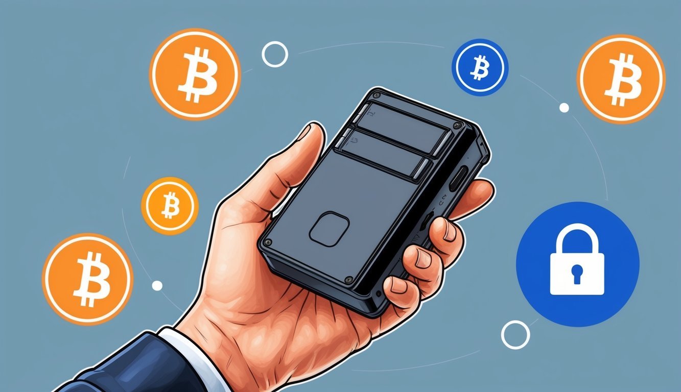 A hand holding a hardware wallet, surrounded by digital currency symbols and a secure lock symbol