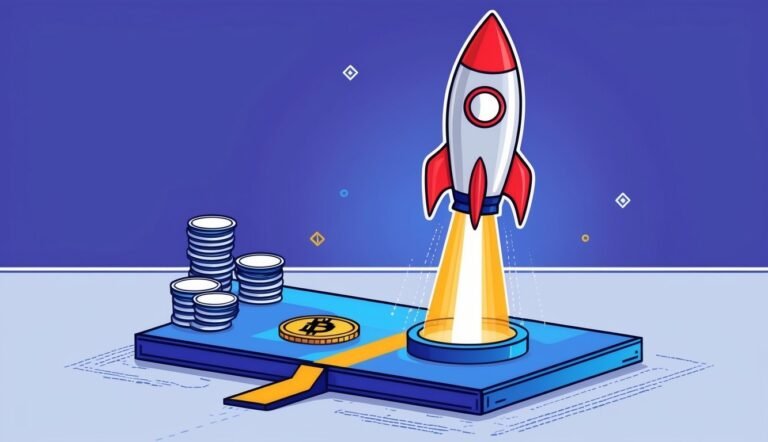Rocket launching from a platform with Bitcoin and stacks of coins