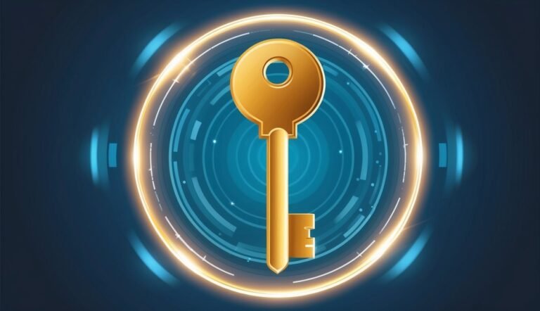 Golden key inside glowing circles on a blue digital background