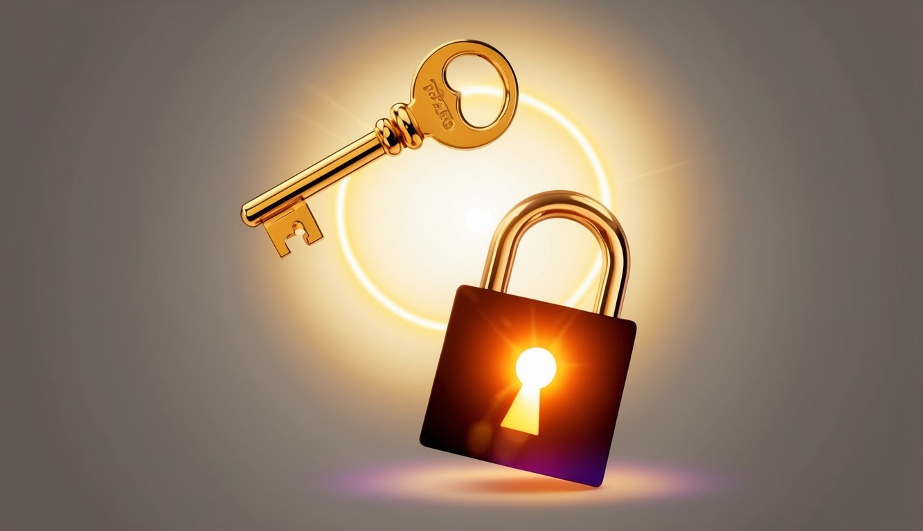 A golden key floating above a glowing lock, surrounded by a halo of light