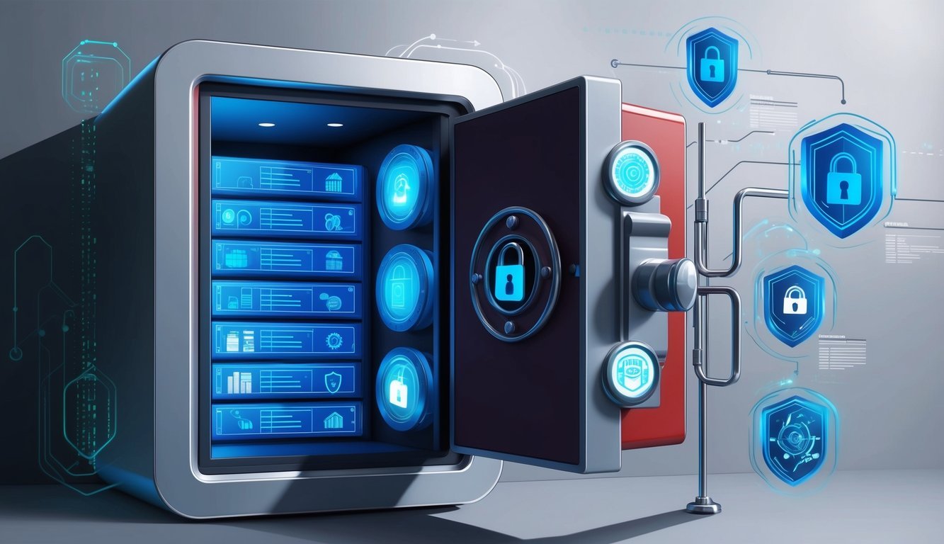 A secure digital vault with various types of digital assets stored inside, protected by advanced security measures